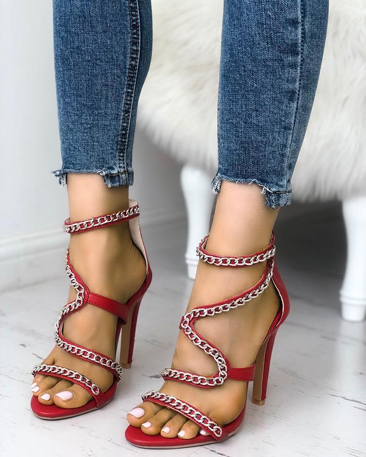 

Solid Chains Embellished Zipper Thin Heeled Sandals, Wine red