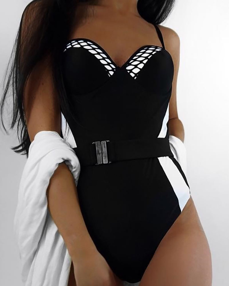 

Contrast Color Fishnet Belted One-piece Swimwear, Black