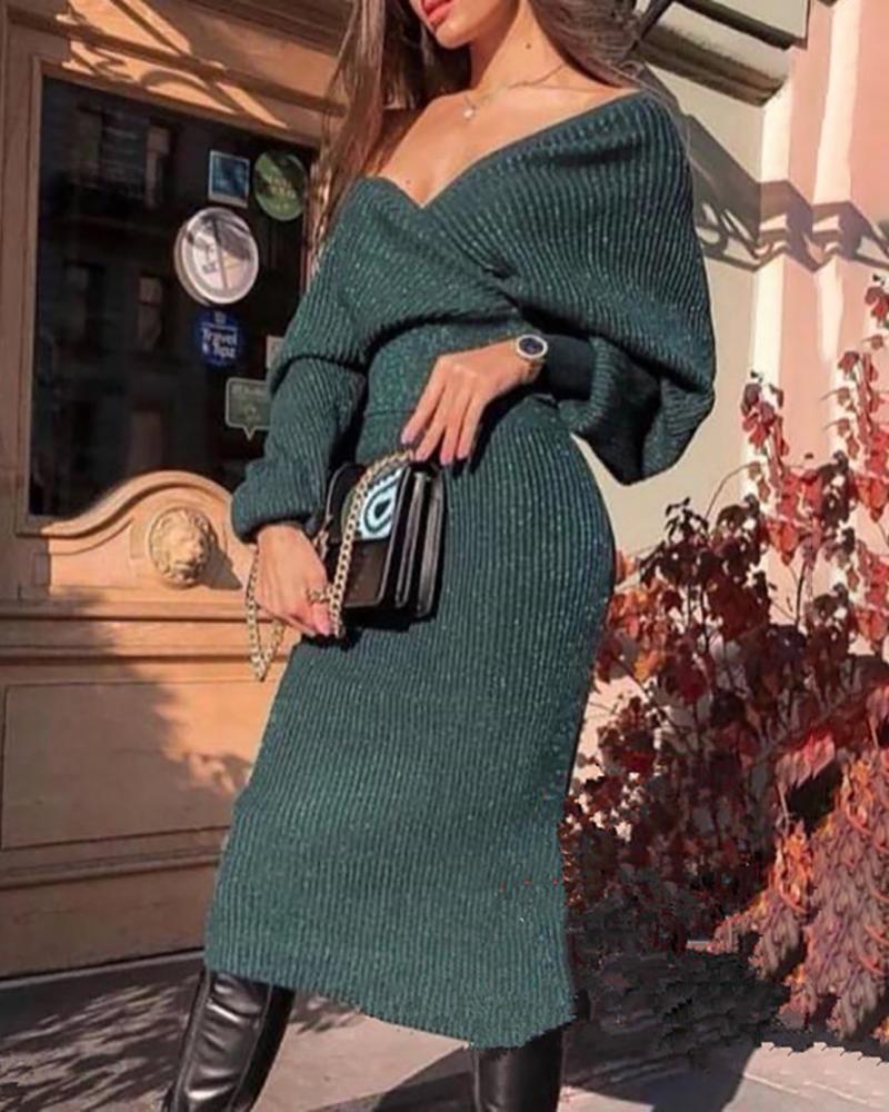 

Solid V-Neck Ribbed Batwing Sleeve Top & Skirts Sets, Green