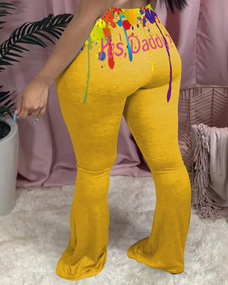 

Doodle Letter Print Fitted Bootcut Pants, Yellow
