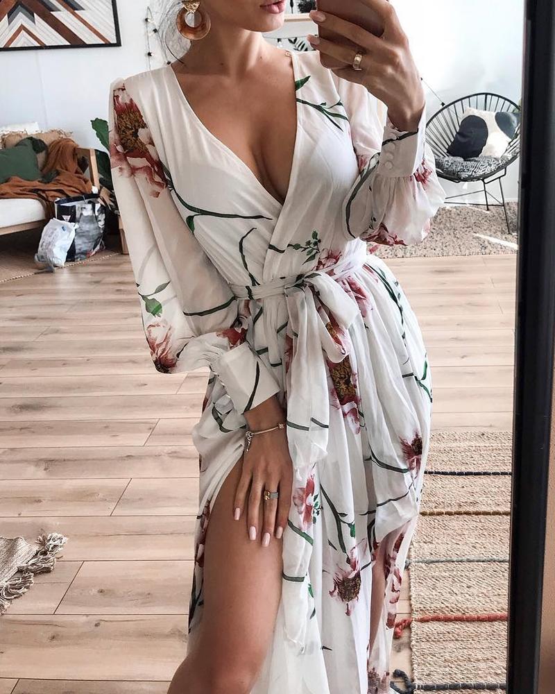 

Floral Print V-Neck Wrap Slit Maxi Dress, White