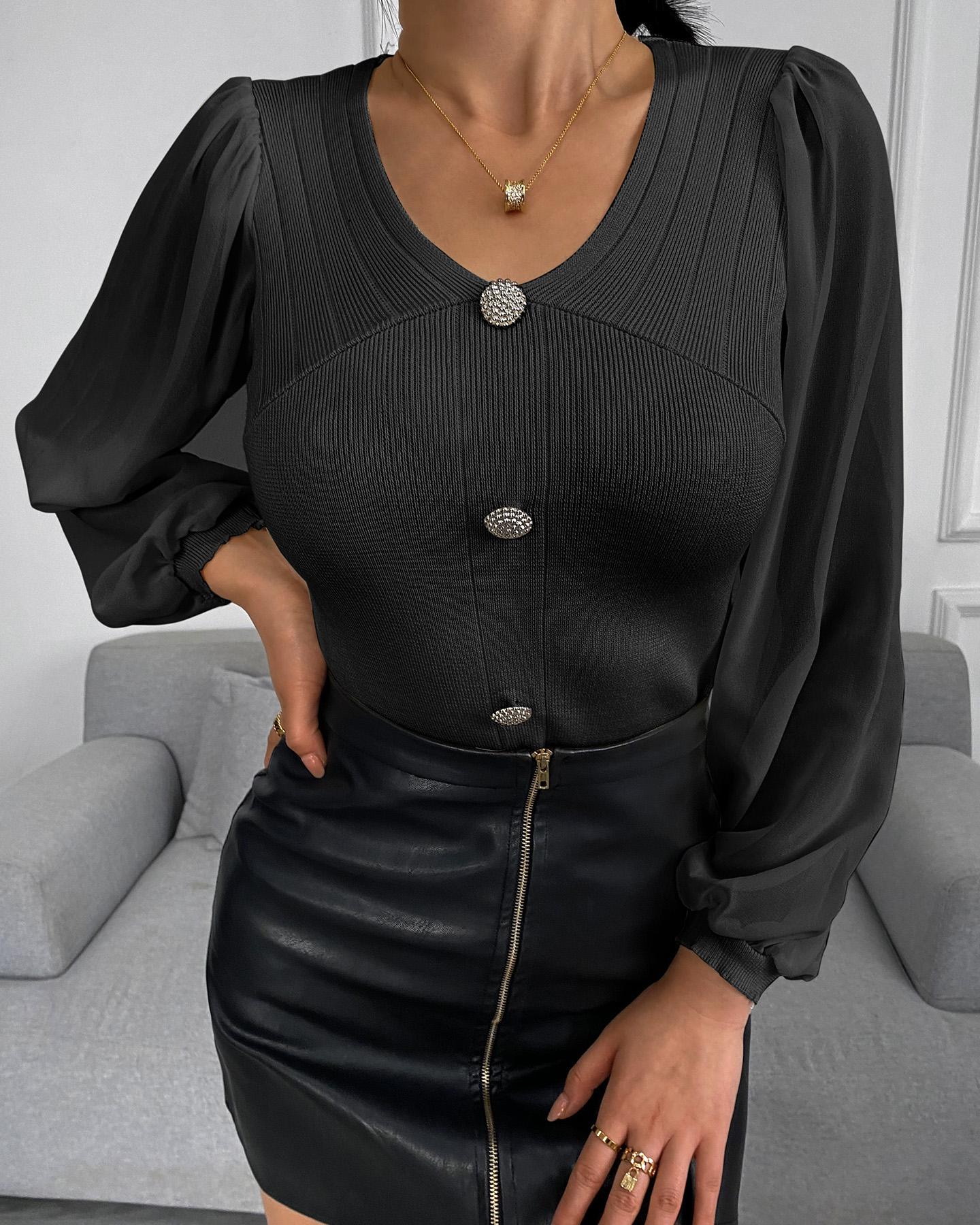 

Buttoned Long Sleeve Knit Casual Sweater, Black