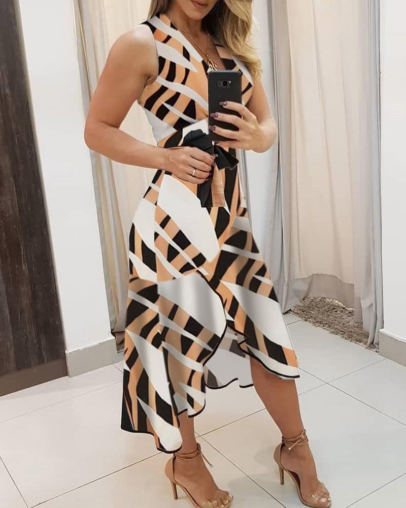 

V-neck Sleeveless Print Irregular Dress, White