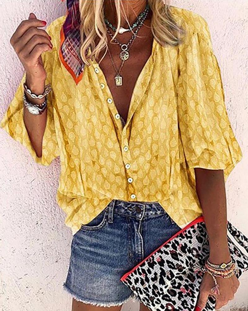 

Digital Print Lantern Sleeve Buttoned Shirt, Yellow