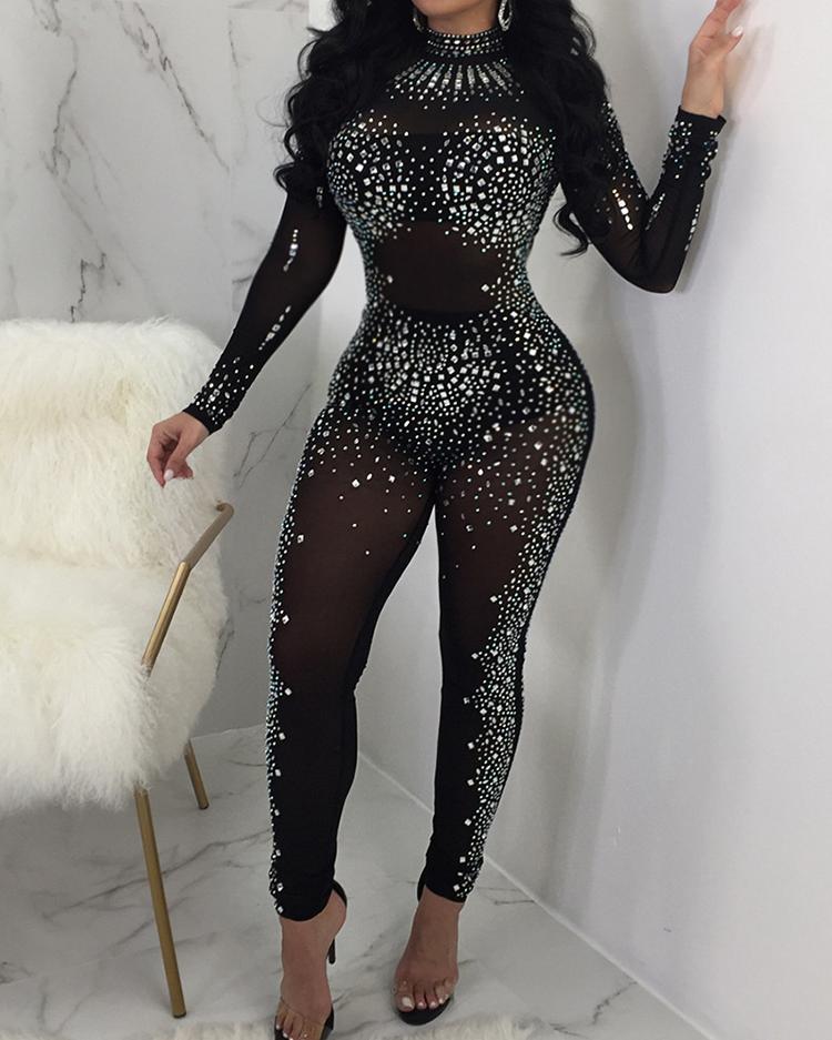 

Hot Stamping Mesh Sheer Jumpsuits, Black