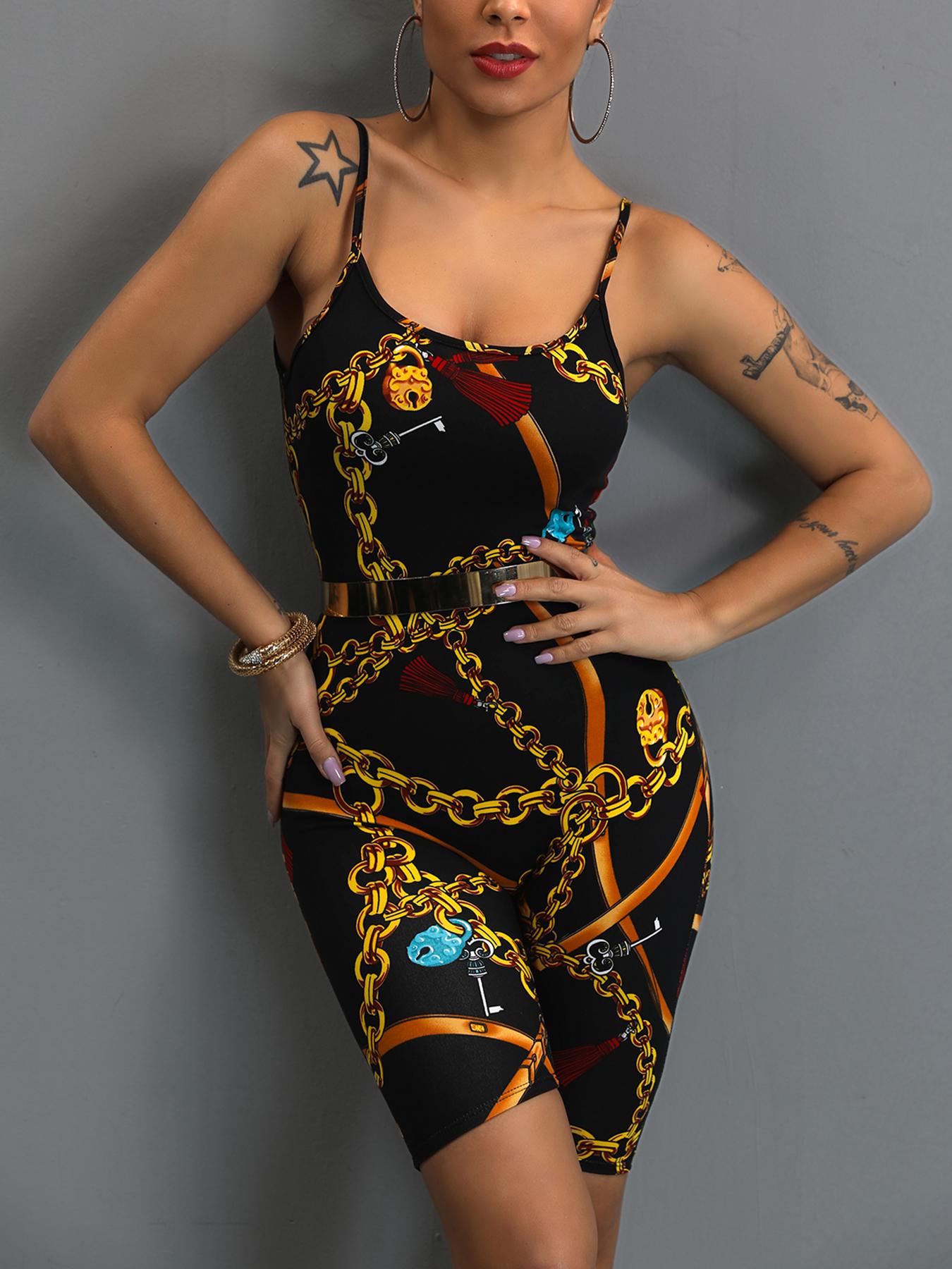 

Spaghetti Strap Chain Print Romper, Black