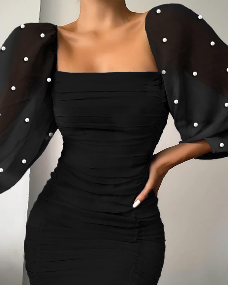 

Beads Embellished Lantern Sleeve Dress, Black