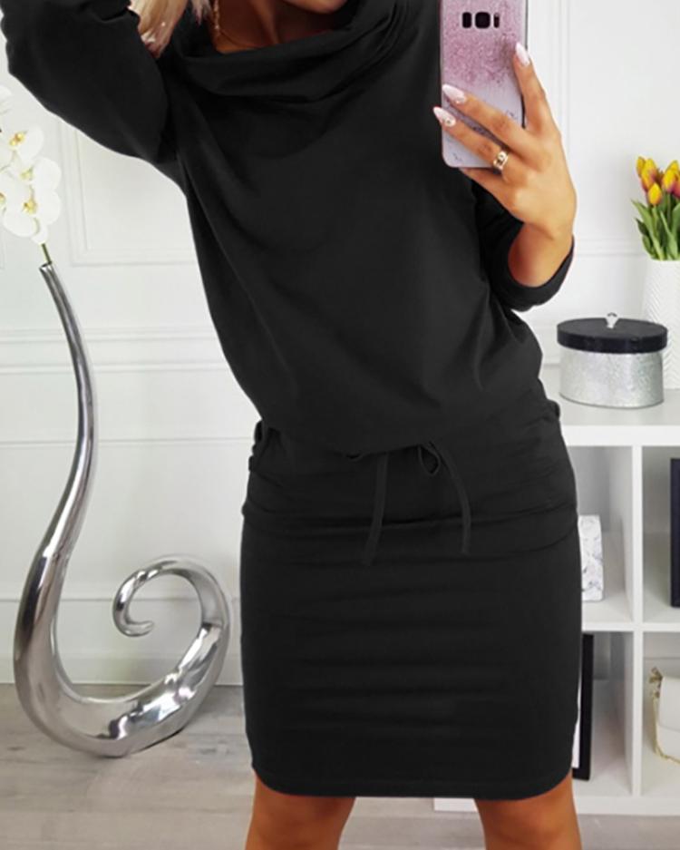 

Cowl Neck Drawstring Sweatshirt Dress, Black