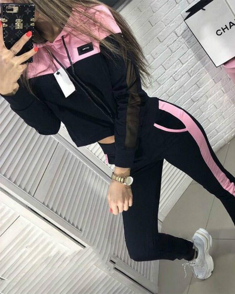 

Color Block Long Sleeve Suit Sets, Pink