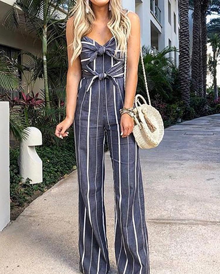 

Striped Bowknot Front Wide Leg Jumpsuit, Dark grey