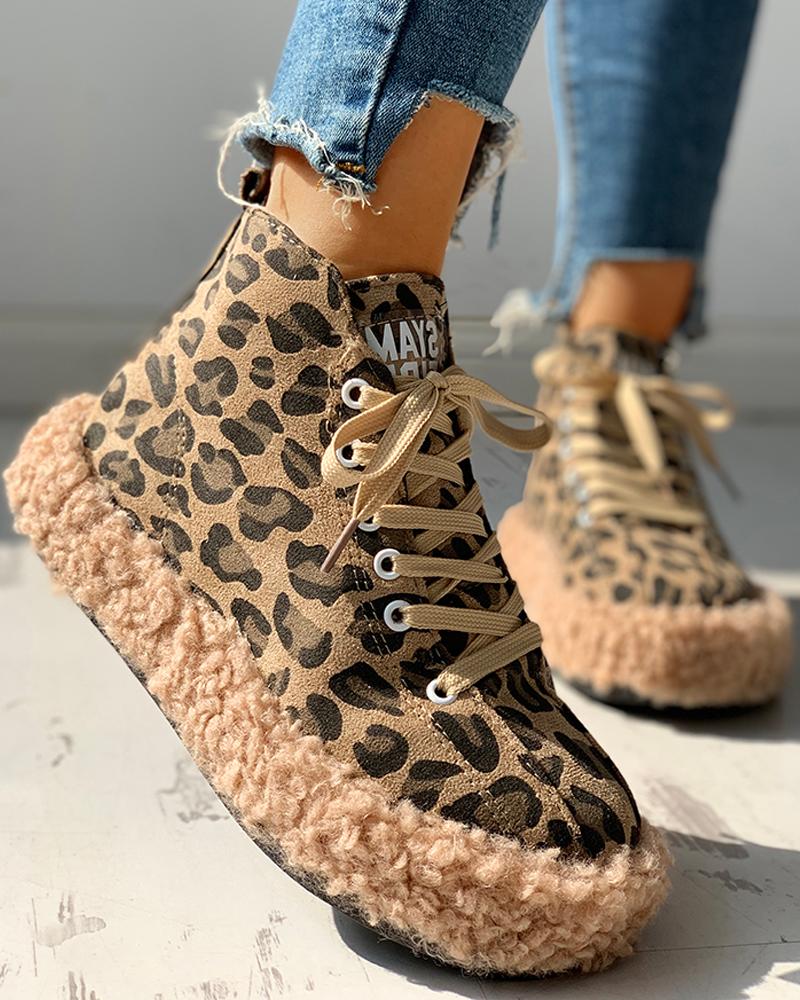 

Fluffy Leopard Lace-Up Low Top Sneakers