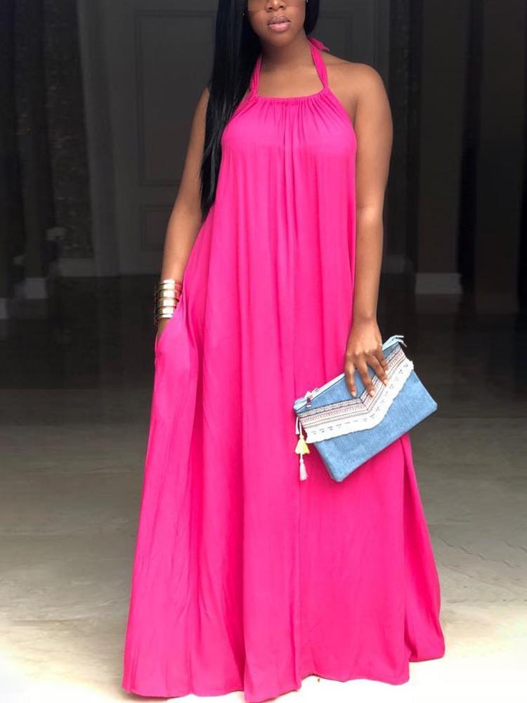 

Solid Halter Maxi Dress Beach Cover Up