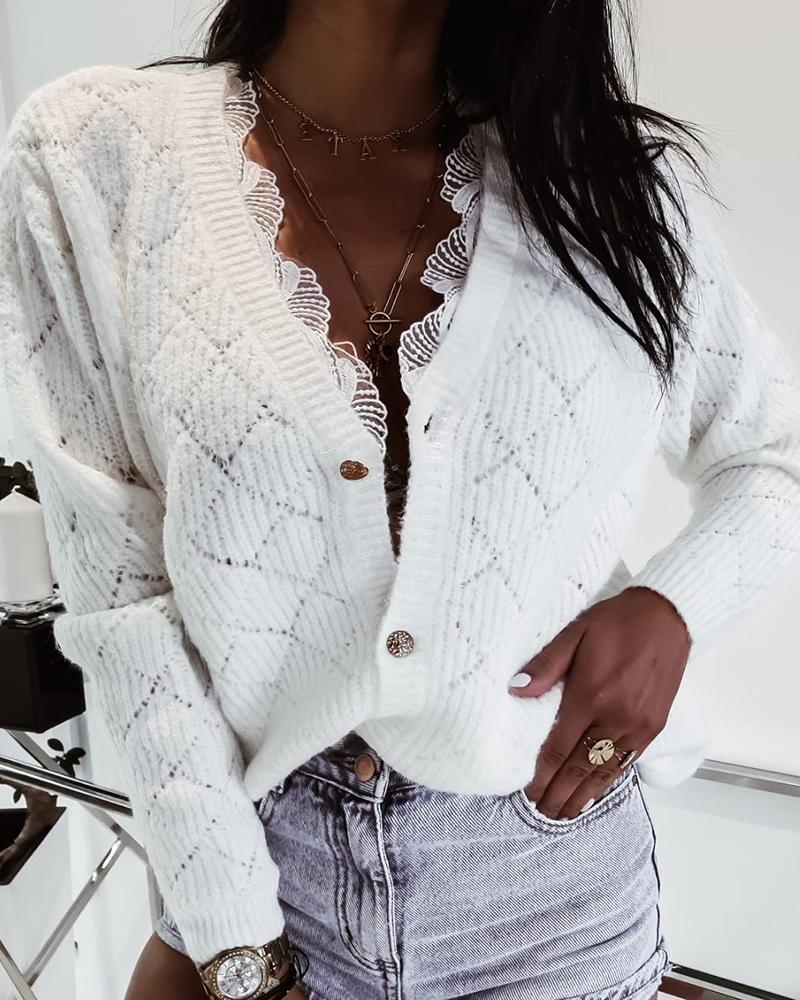 

Contrast Lace Hollow Out Casual Knit Cardigan, White