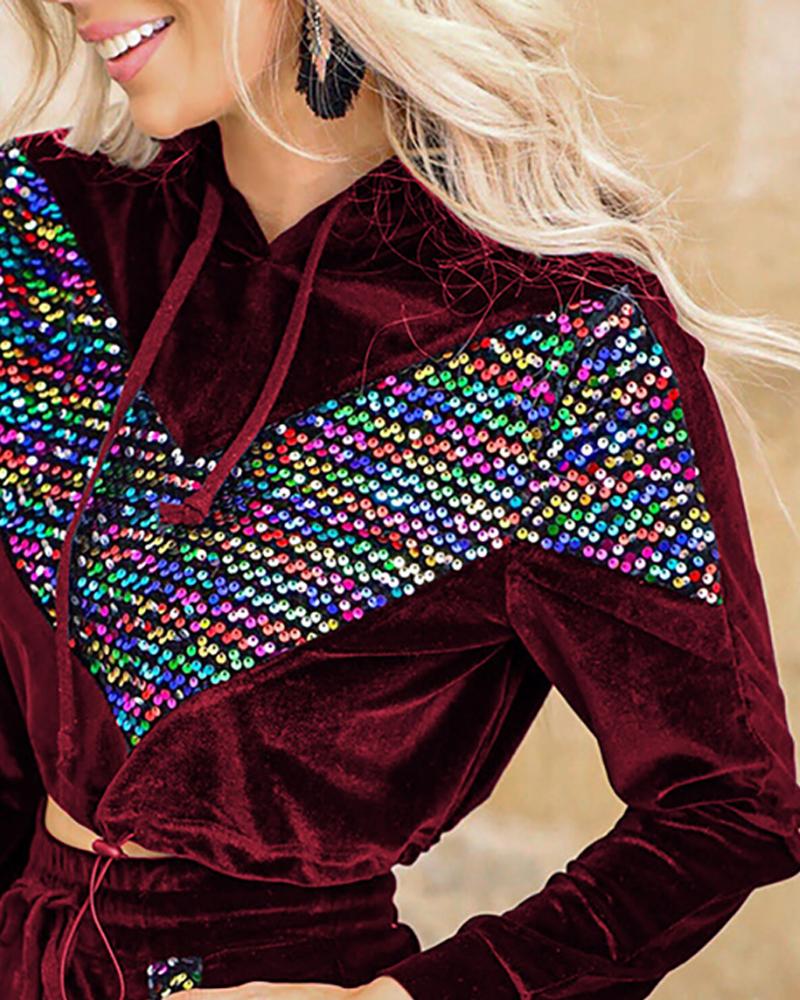 

Studded Colorblock Velvet Hooded Top & Pants Set, Wine red