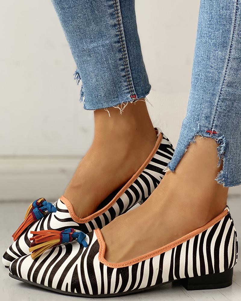 

Print Pointd Toe Tassel Flat Shoes, Zebra