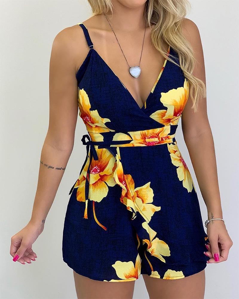 

Floral Tie Waist Cami Romper, Black