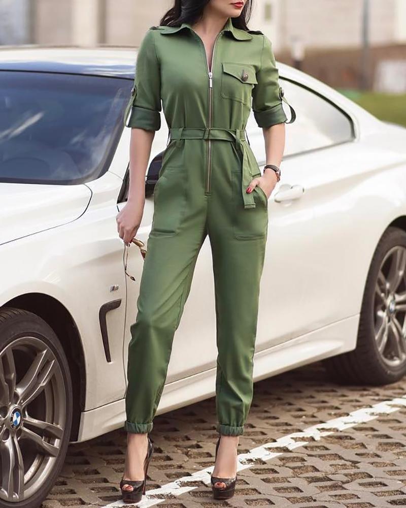 

Turn-down Collar Zipper Design Cuffed Cargo Jumpsuit, Army green