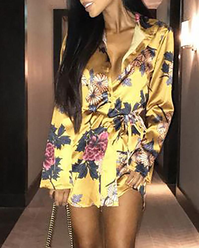 

Floral Print Tied Shirt Dress, Yellow