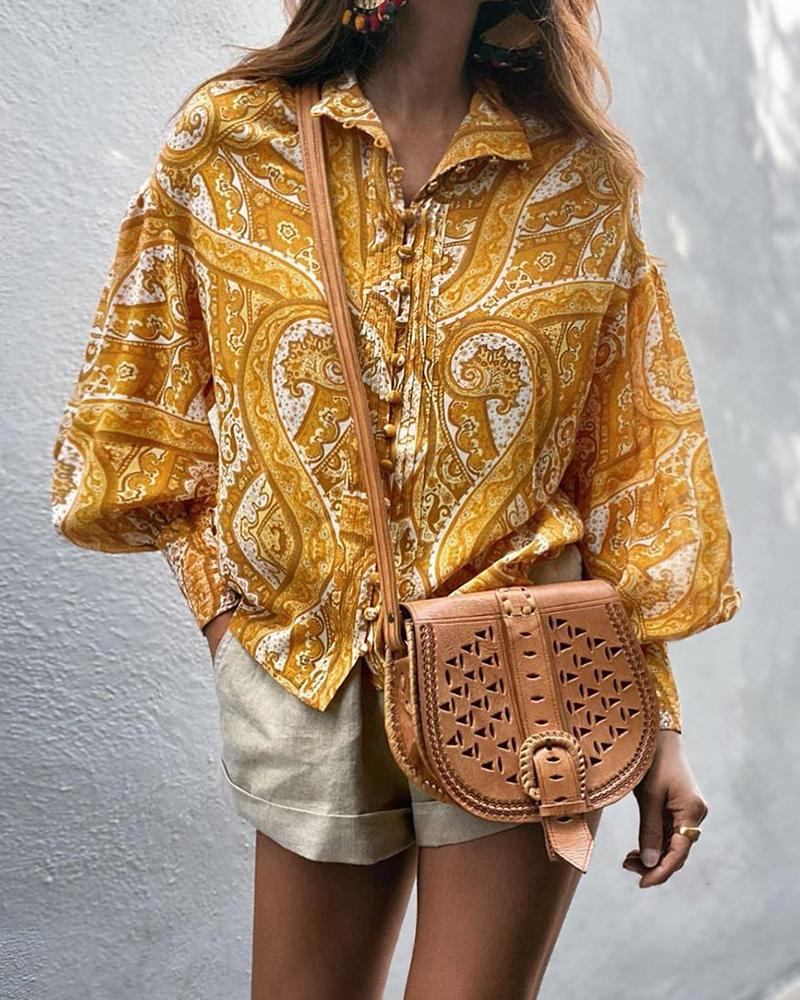 

Artistic Print Button-Up Blouse, Yellow