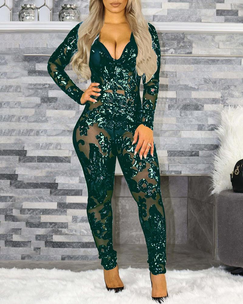 

Sheer Sequined Deep V Neck Skinny Jumpsuits, Green