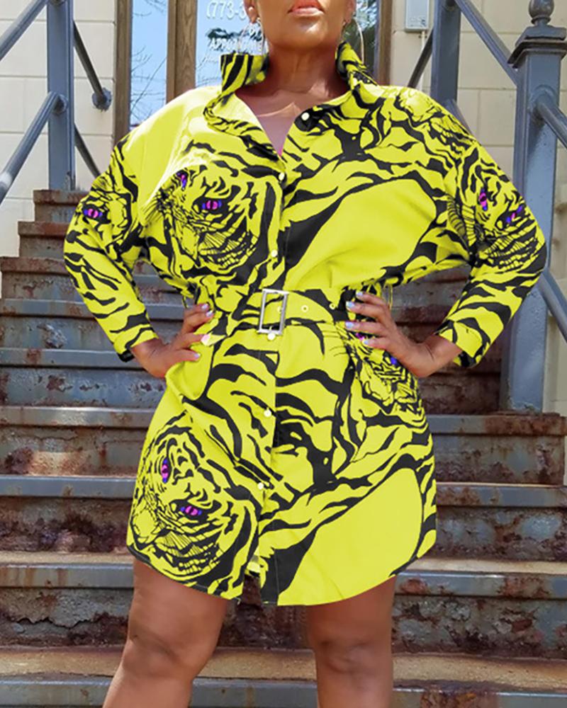 

Turn-down Collar Tiger Print Casual Shirt Dress, Yellow