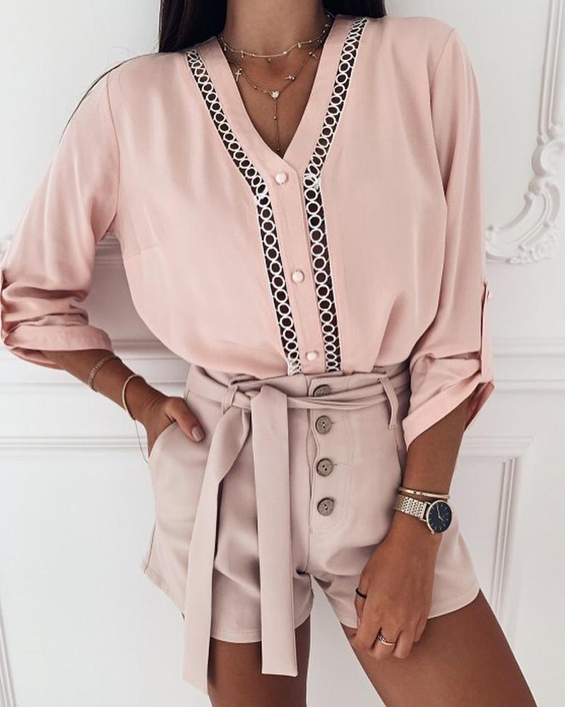 

V Neck Hollow Out Insert Adjustable Sleeve Blouse, Pink