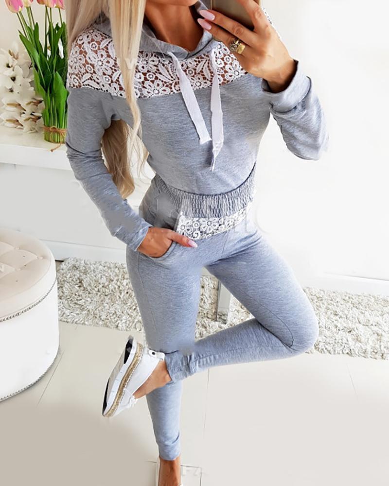

Crochet Lace Long Sleeve Hooded Top & Pants Set, Gray