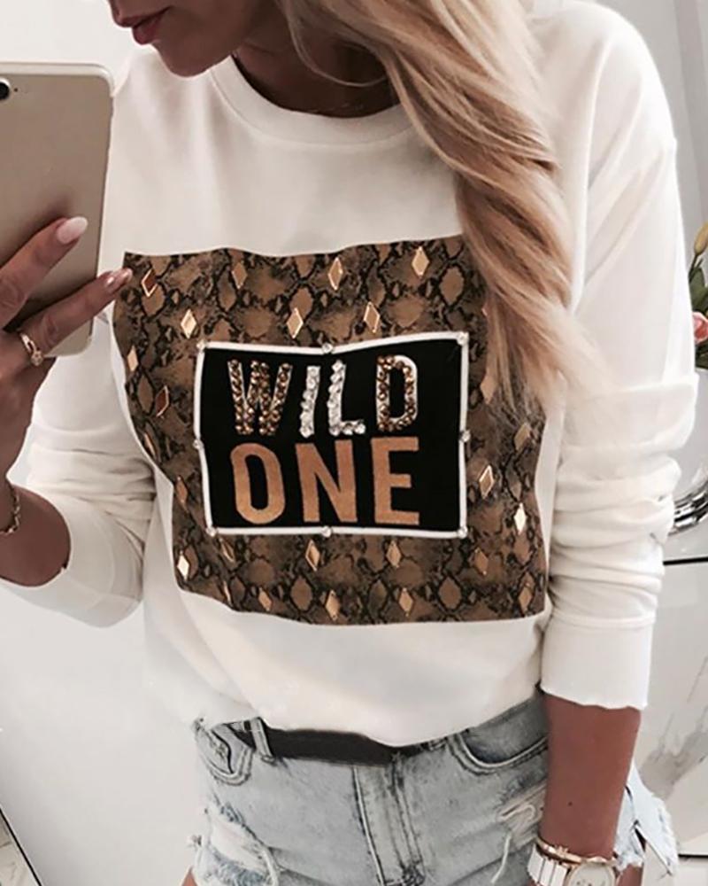 

Snakeskin Letter Patchwork Design Casual Sweatshirt, White