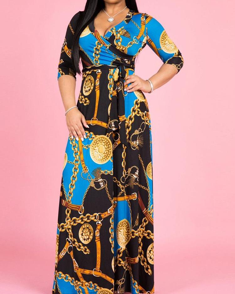 

Chain Printed V-Neck Maxi Dress, Blue