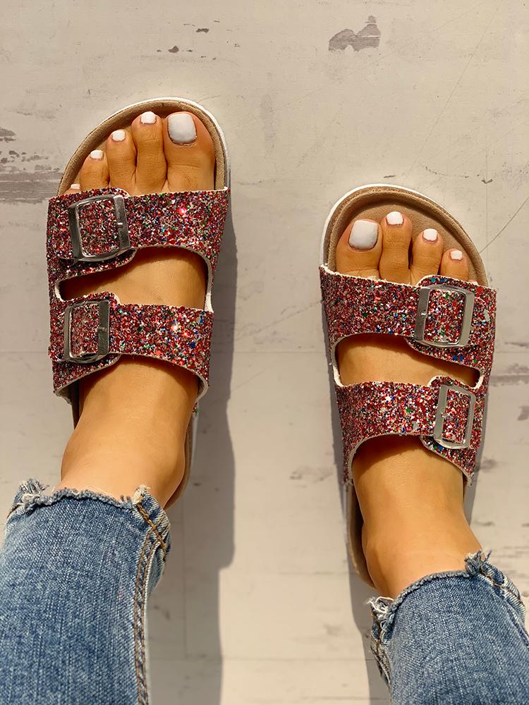 

Colorful Sequin Double Buckle Flat Sandals, Red
