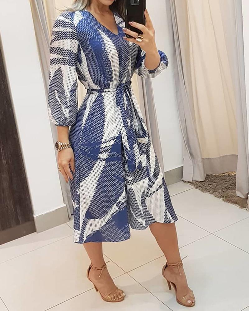 

V-Neck Print Self-belt Casual Dress, Blue