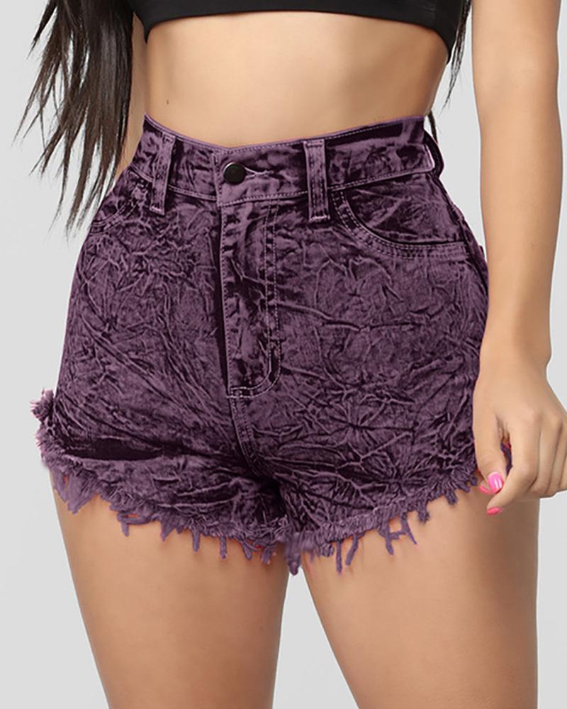 

High Waist Fringe Hem Denim Shorts, Purple