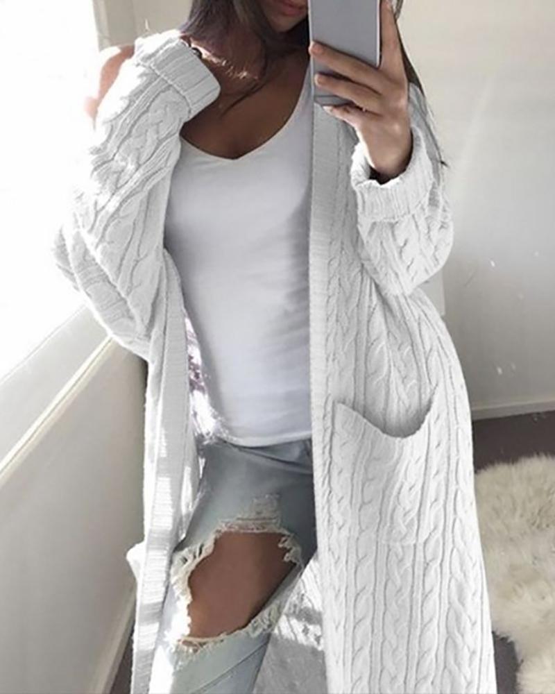 

Solid Open Front Pocket Longline Cardigan, White
