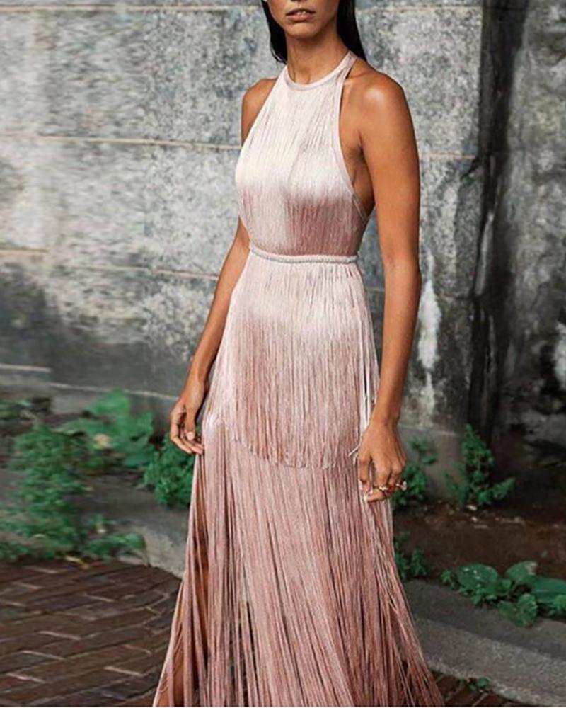 

Halter Neck Open Back Tassels Party Dress