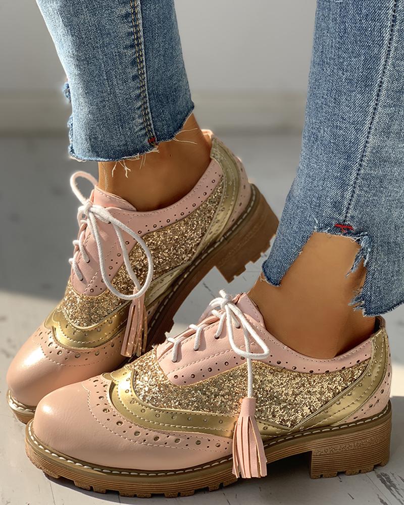 

Lace-Up Sequins Insert Chunky Heeled Shoes, Pink