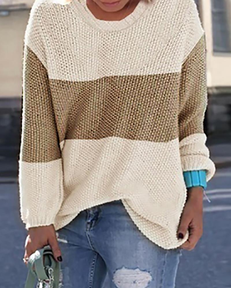 

Round Neck Colorblock Insert Knitting Sweater, Khaki