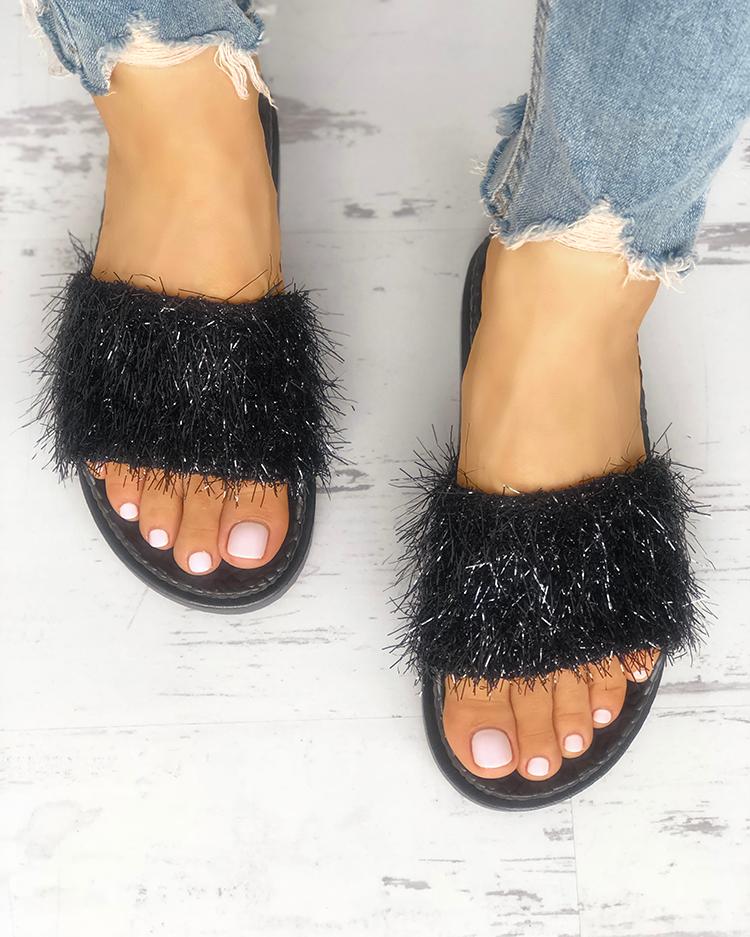 

Shiny fluffy Embellished Peep Toe Slippers