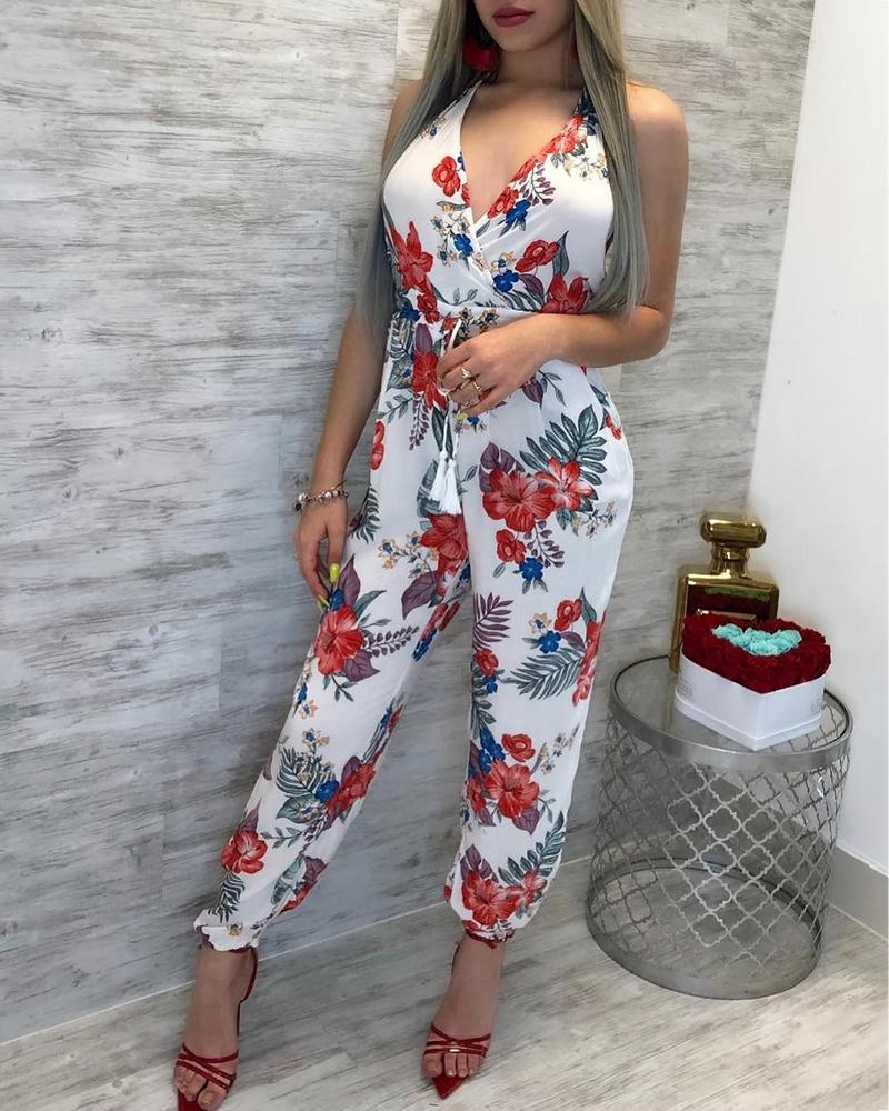 

Floral Print Halter Tassel Design Jumpsuit, White