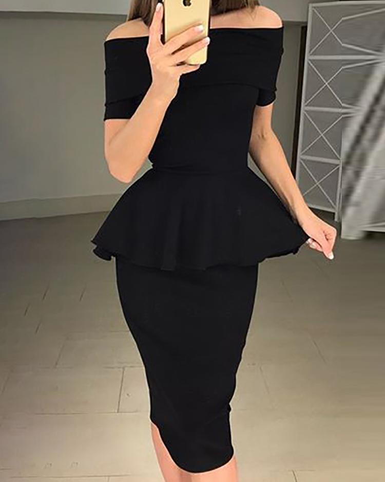 

Fold-over Off Shoulder Peplum Midi Dress, Black