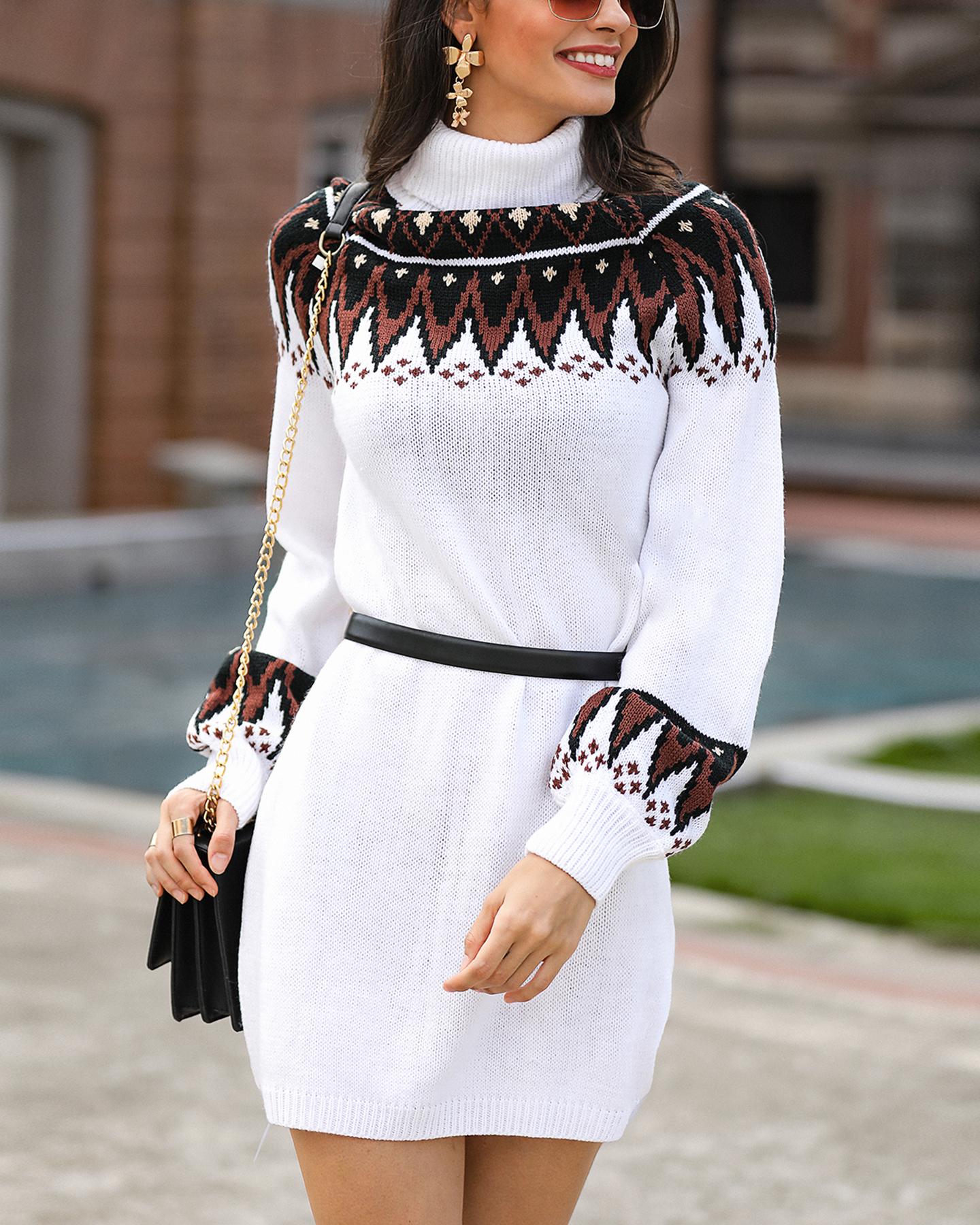 

High Neck Colorblock Lantern Sleeve Knitting Sweater Dress