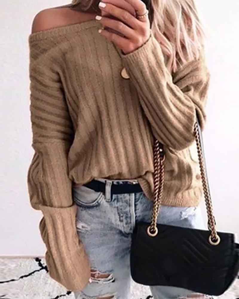 

Plain Knit Long Sleeve Casual Sweater, Brown