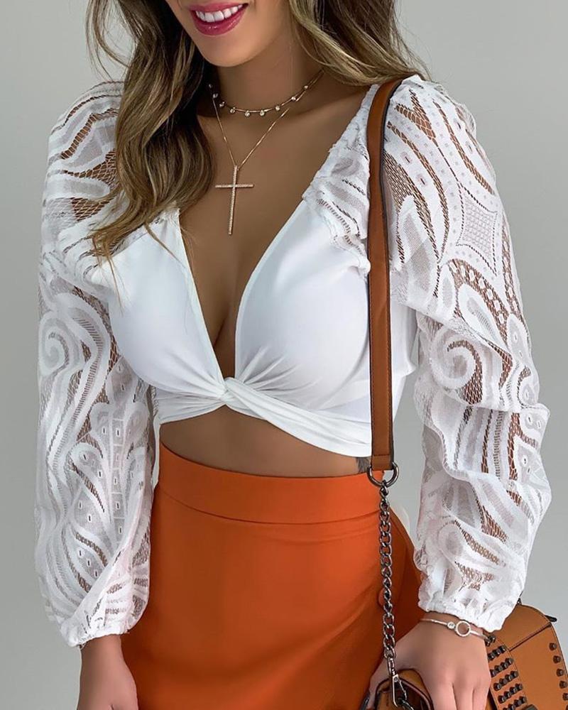 

Patchwork Mesh Long Sleeve Blouse, White