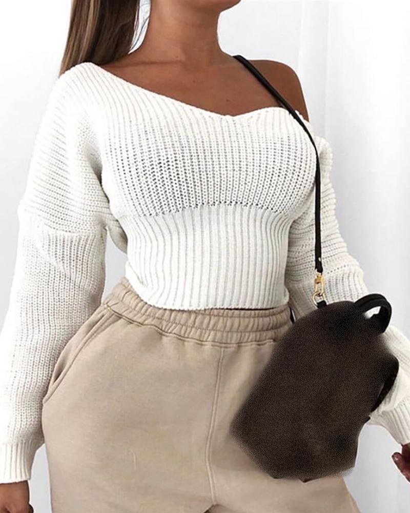 

Long Sleeve Solid Knit Crop Sweater, White