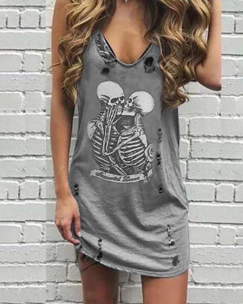 

Skull Print Hollow Out Mini Dress, Gray