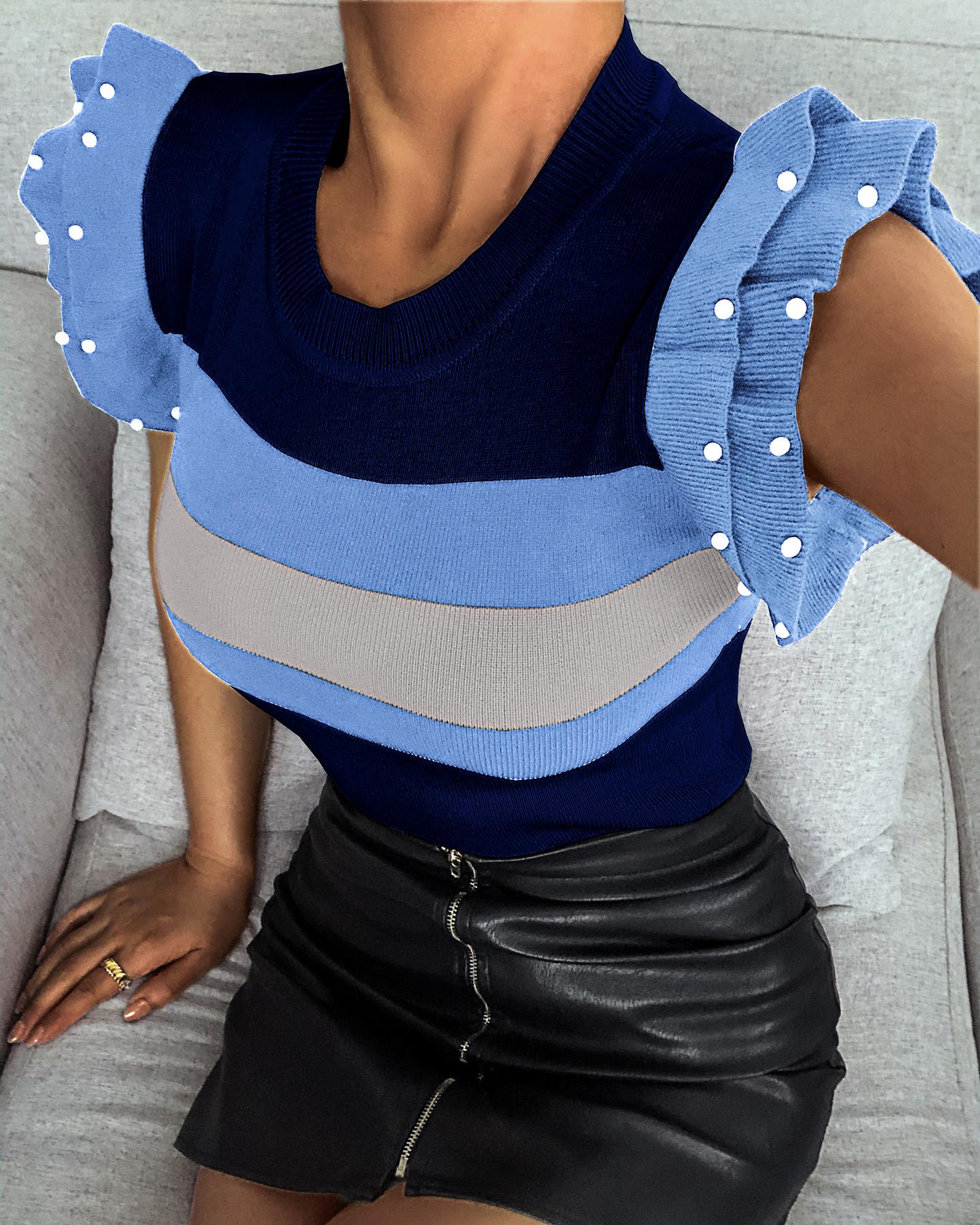 

Beaded Colorblock Knit Casual Sweater, Blue