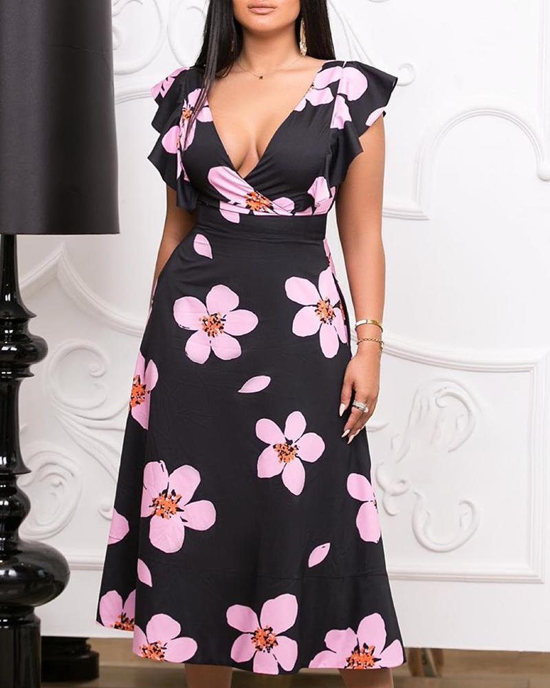 

V-Neck Floral Print Ruffles Midi-Calf Dress