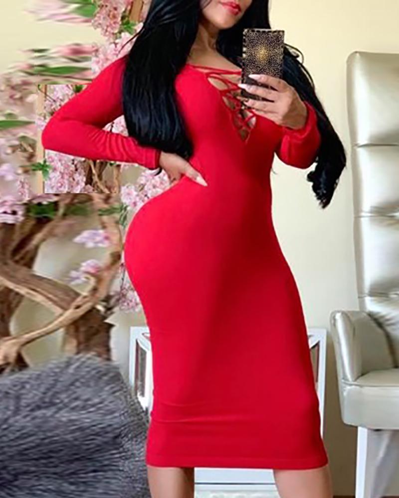 

Solid Lace-up Long Sleeve Bodycon Dress, Red