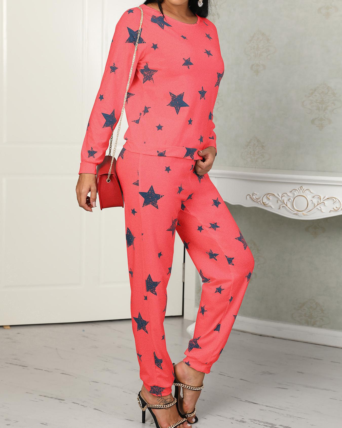 

Star Print Casual Pantsuit, Red