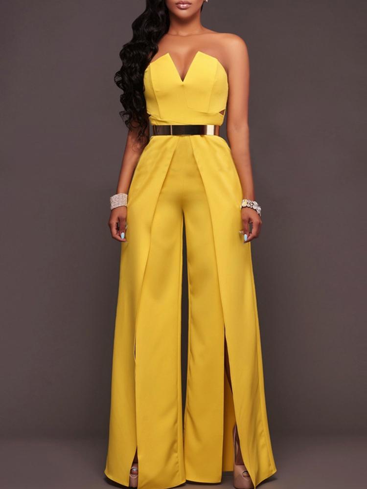 

Irregular Solid Strapless Split Flared Jumpsuit, Black