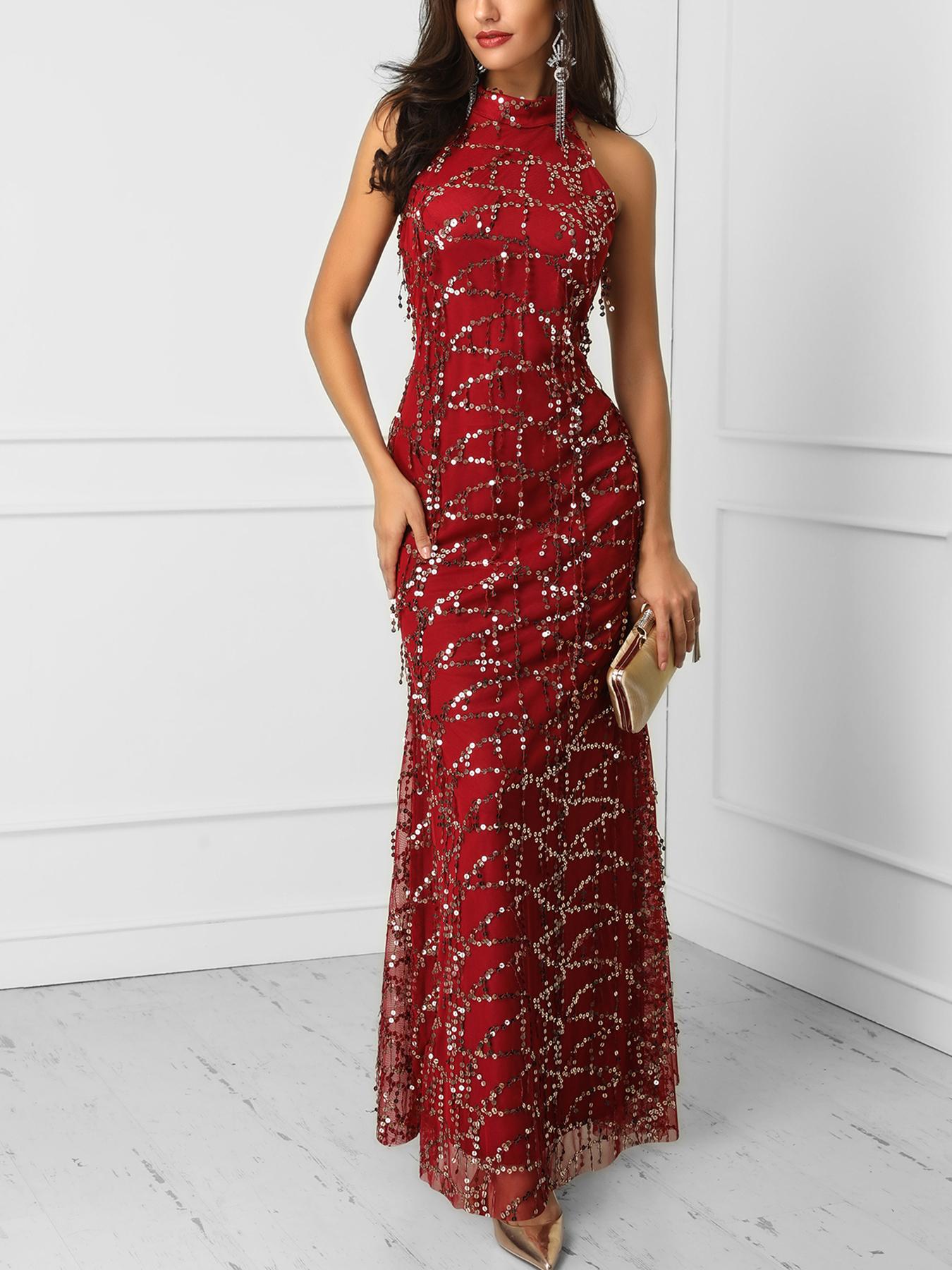 

Tassel Embellished Sequin Evening Dress, Wine red